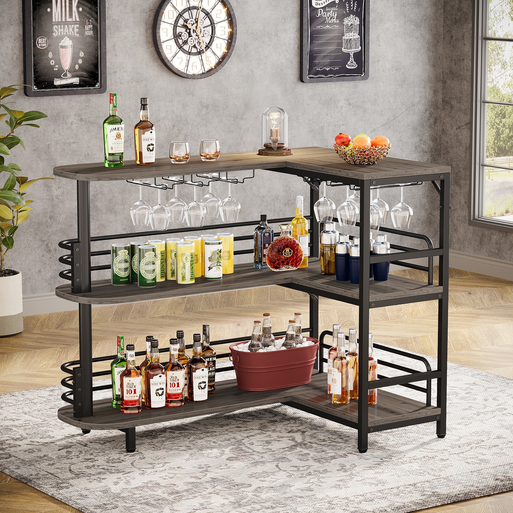 L Shaped Home Bar Unit Liquor Bar Table with Wine Glasses Holder