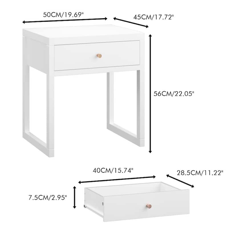 Modern White Nightstand with Drawer and Wood Knob