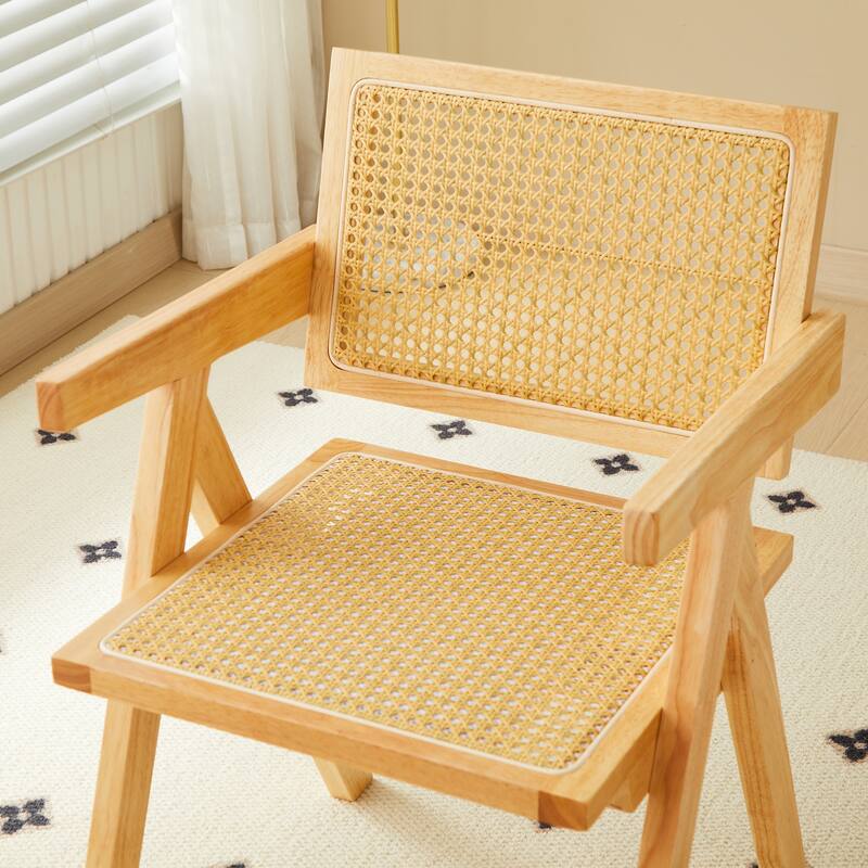 2 Piece Rattan Solid Wood Kitchen Dining Chair with Cushions, Backrests, Armrests for Dining Room Kitchen Living Room Bedroom