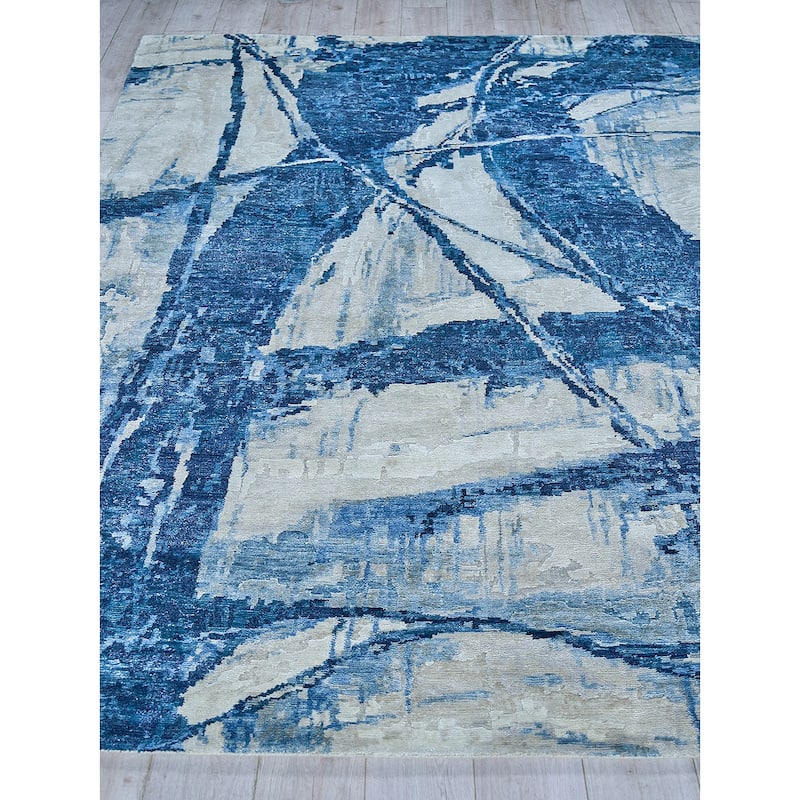 EXQUISITE RUGS Floor Art Hand-knotted Bamboo Silk Ivory/Dark Blue Area Rug.