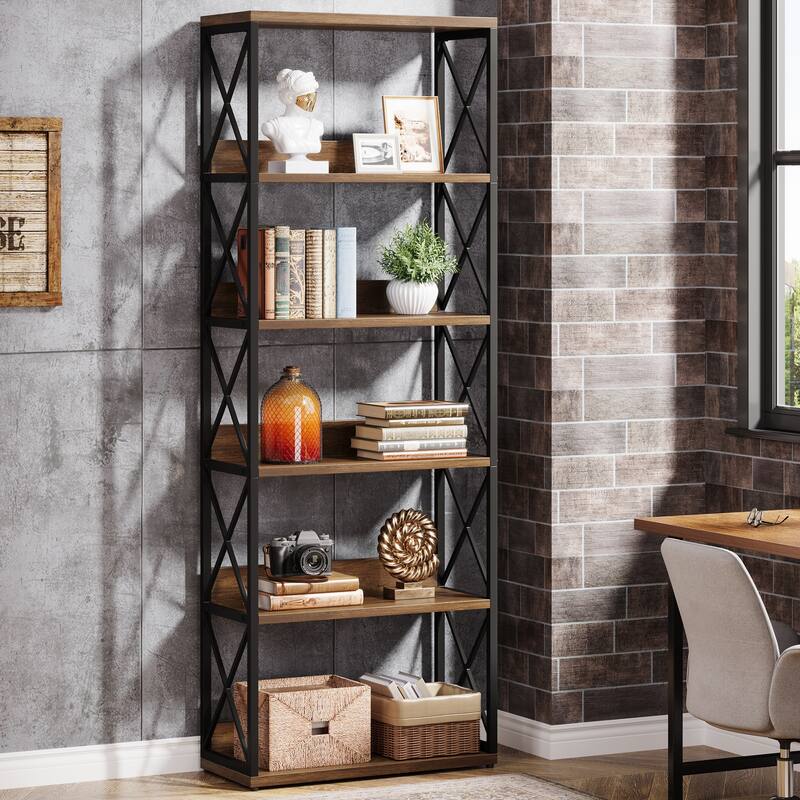 6-Tier Industrial Bookshelf, 70-Inch Tall Etagere Bookcase with Open Shelves