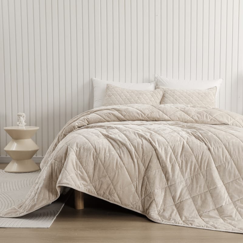 Wonderful Diamond Velvet 3 Piece Quilt Set - Beige - King