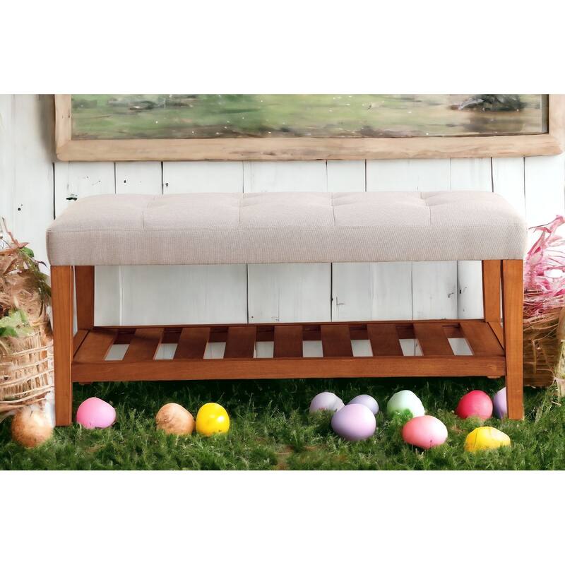 Fabric Upholstered Storage Bench with Slatted Shelf and Tapered Legs