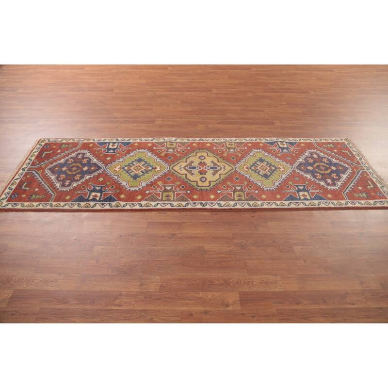 Orange Geometric Kazak Oriental Runner Rug Handmade Wool Carpet - 2'7"x 7'10"