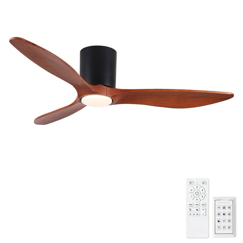 52" Mordern Farmhouse Retro Solid Wood Low Profile Flush Mount Ceiling Fan with Light and Reversible Quiet Motor