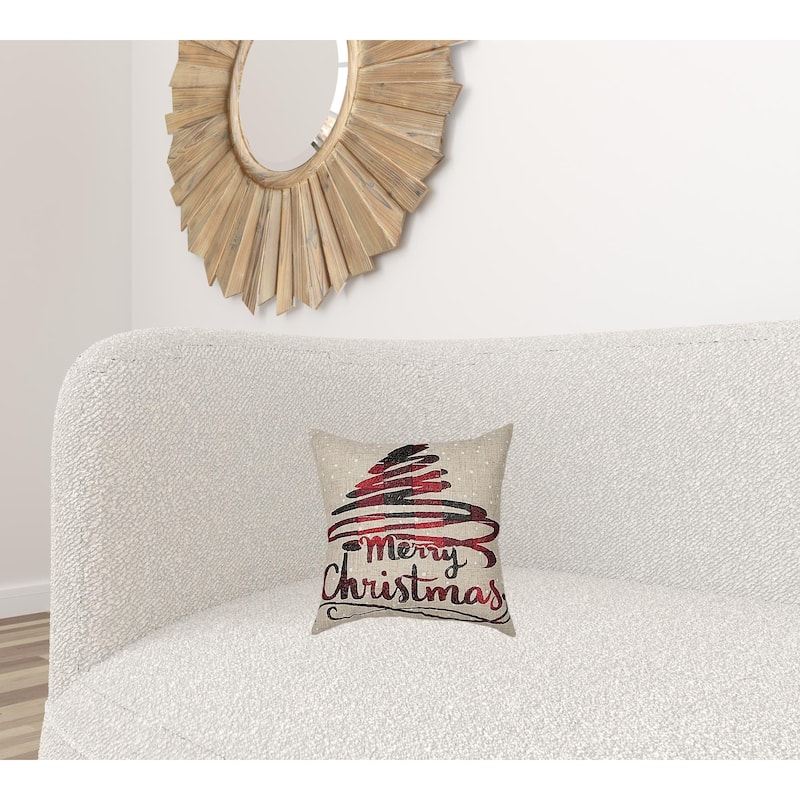 14" X 14" Beige and Red Christmas Linen Linen Blend Zippered Pillow With Embroidery