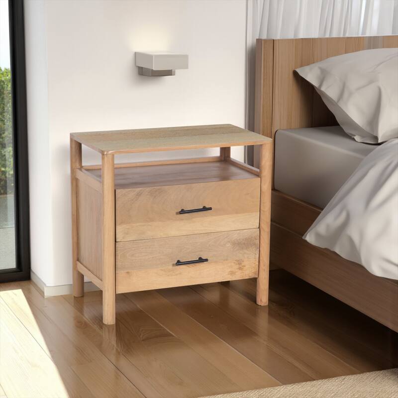 Geti 29 Inch Bedside Nightstand Table, Handcrafted Natural Oak White Mango Wood, 2 Drawer, Open Shelf
