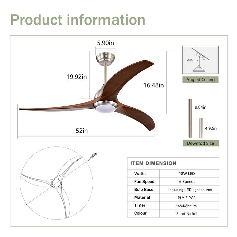 52" Solid Wood Blades Ceiling Fan With Light with Remote Control, Noiseless Reversible Motor, 6 Speed, 3 Color