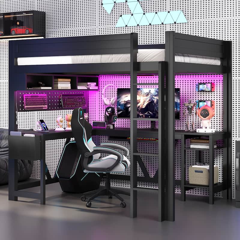 Full Size Gaming Loft Bed Multifunctional Gaming Bed with Built-in Desk and RGB Setup, Charging Station and Storage Shelves