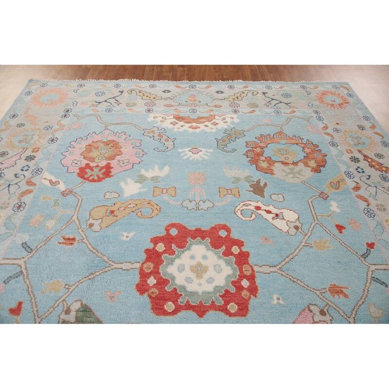 Light Blue Floral Oushak Area Rug Hand-Knotted Oriental Wool Carpet - 8'11"x 11'10"
