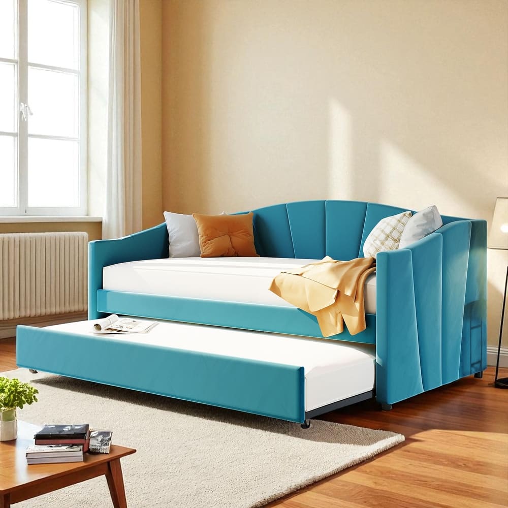Twin Upholstered Daybed with Trundle Bed and Wood Slats, Velvet Sofa Bed Frame, No Box Spring Required