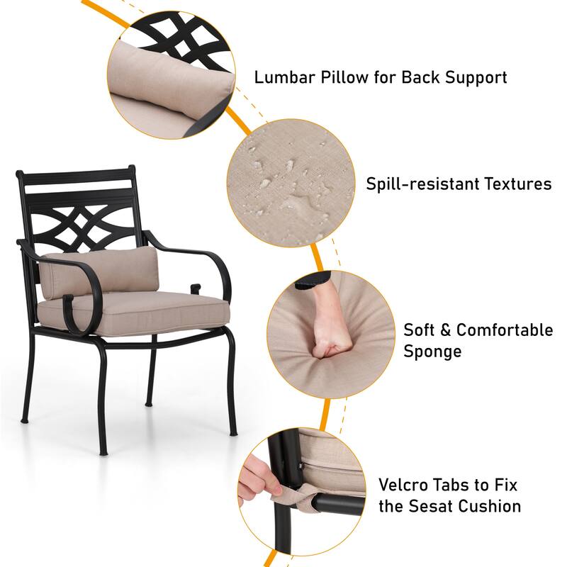 MAISON ARTS 5-Piece Outdoor Dining Set Gas Fire Pit Table & Elegant Cast Iron Pattern Dining Chairs