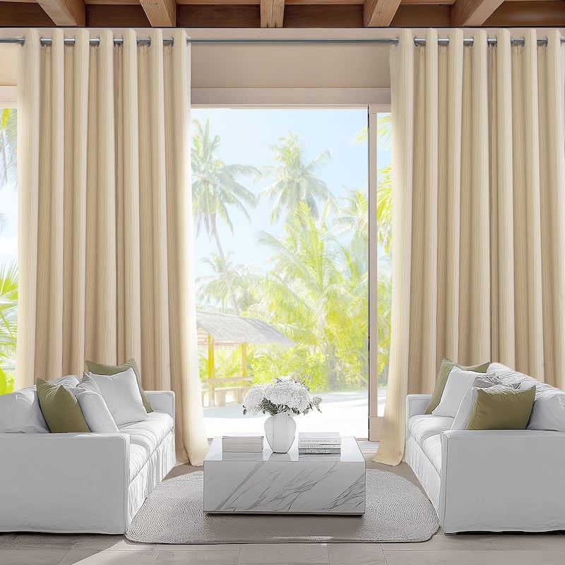 Exclusive Fabrics Villanova Striped Grommet Waterproof Light Filtering Outdoor and Indoor Curtains (1 Panel) - 50 X 84 - Coastal Beige Thin Stripe