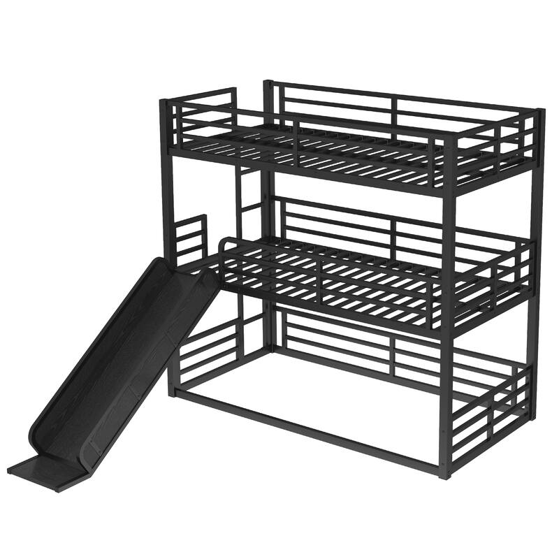 Roomfitters Twin/Full/Queen Metal Triple Bunk Bed with Slide, Safety Guardrails, Heavy-Duty Noise-Reduced Frame, Black