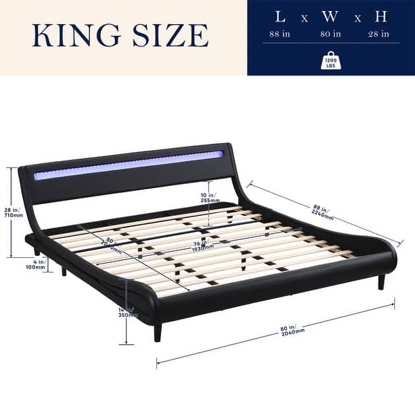 King Size Faux Leather Upholstered Platform Bed with LED Headboard ...
