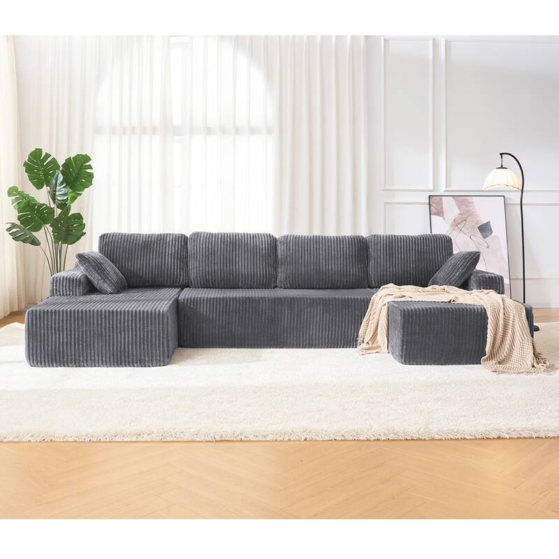 130" U-Shaped Corduroy Sectional Sofa with Cup Holders, No Assembly Required
