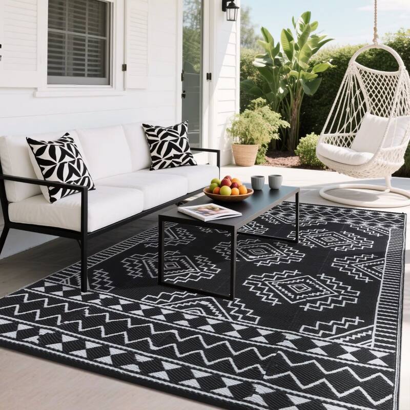 Outdoor Rug Waterproof Boho Geometric Patio Rug Mat Reversible Plastic Straw Rug Outside Outdoor Area Rug