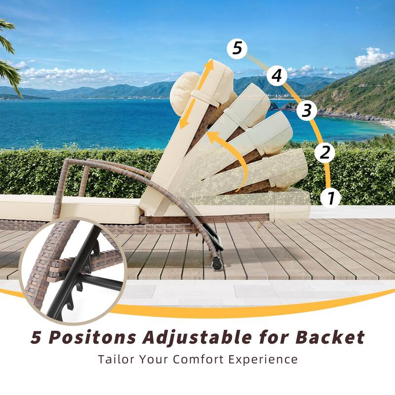 Outdoor Chaise Lounge Chairs Set of 2, Patio Rattan Reclining Chair with 5-Position Adjustable Backrest