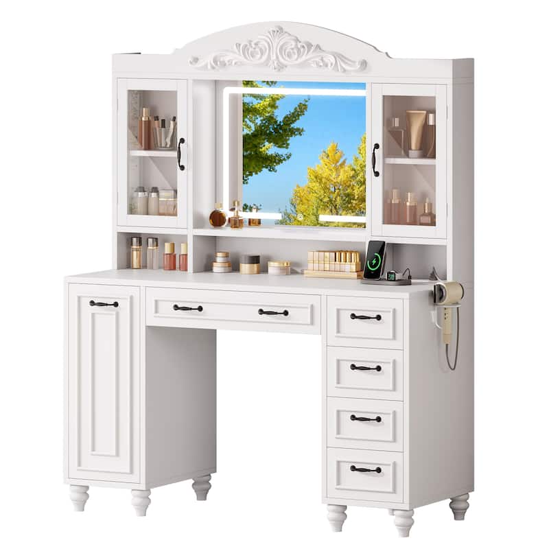 Moasis Modern 5-Drawer Makeup Vanity Table With Exquisite Carved and Built-in Charging Station