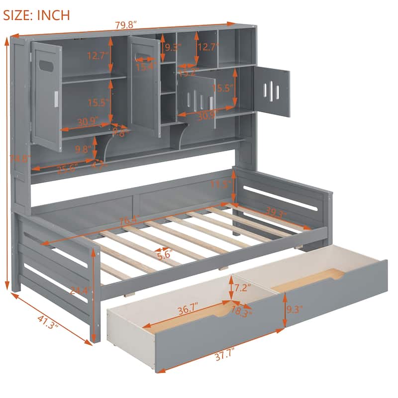 Twin Size Wooden Daybed with 2 Drawers, All-in-One Cabinet and Shelf for Bedroom