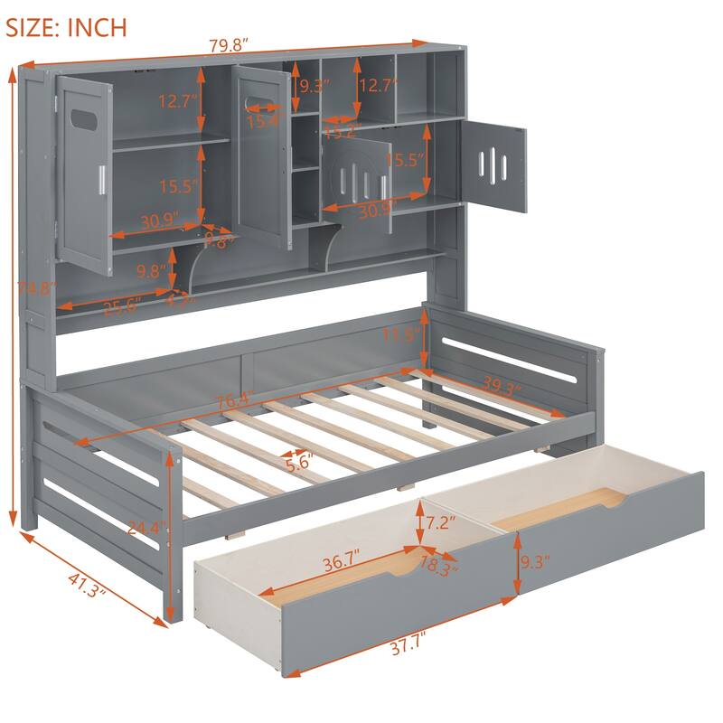 Twin Size Wooden Daybed with Two Drawers, All-in-One Cabinet, and Shelf