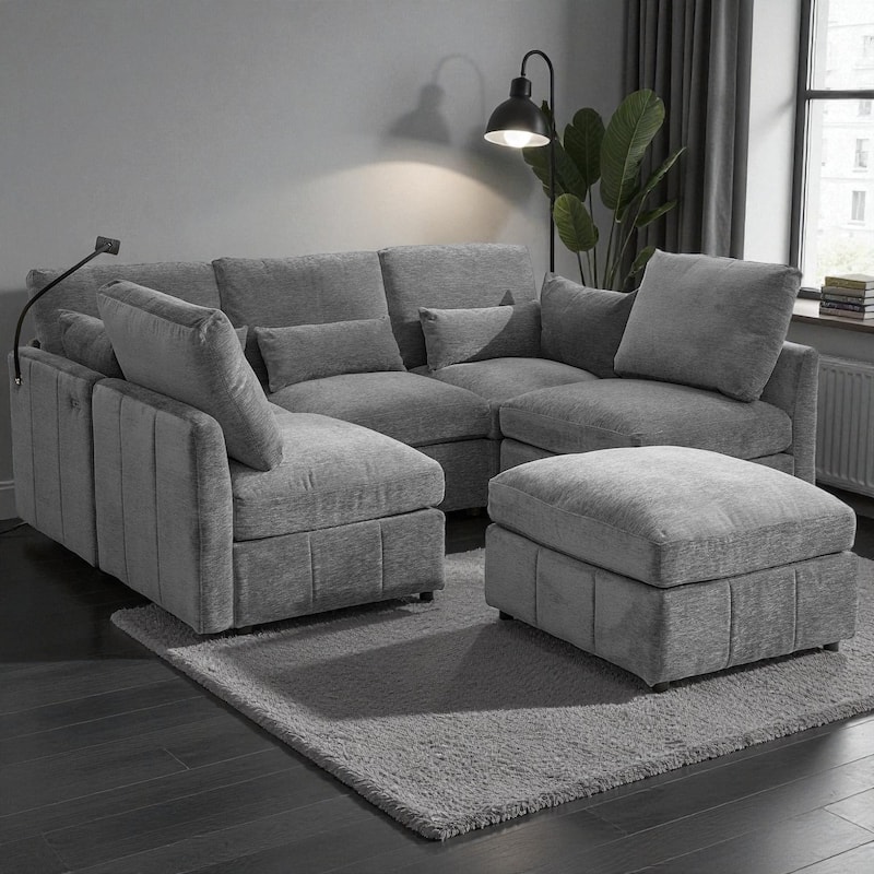 85.4" Modular Sectional Sofa with Movable Ottoman, USB Ports and Phone Holder, Chenille U-Shape Couch for Living Room