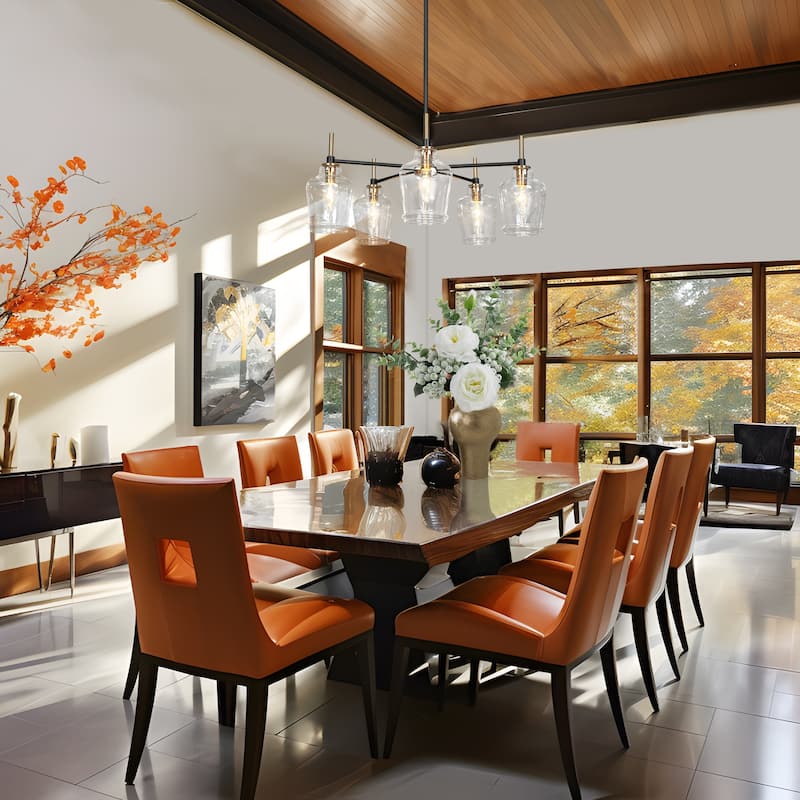 Modern 5-Light Black Gold Wagon Wheel Chandeliers Glass Pendant Light for Kitchen Dining Room