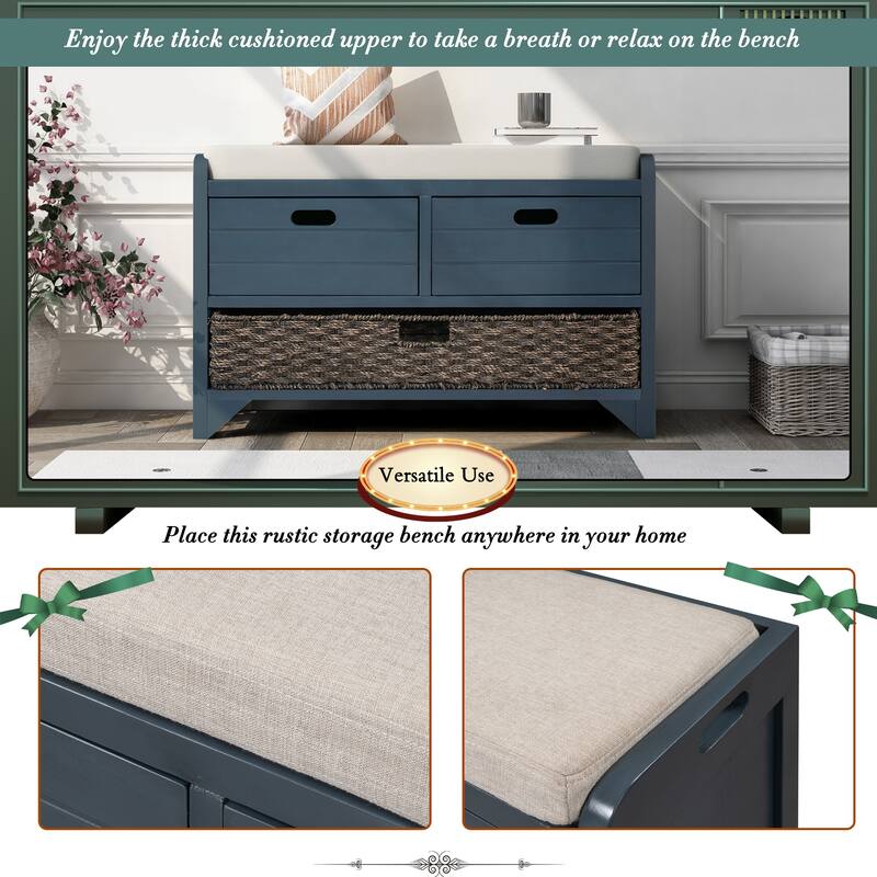 Storage Bench with Removable Basket and 2 Drawers, Fully Assembled Shoe Bench with Removable Cushion (White Washed)