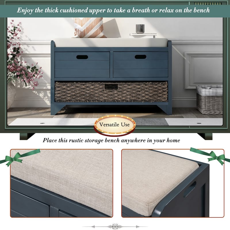 Wood Shoe Storage Bench with 2 Drawers, Large Basket and Removable Seat Cushion for Entryway Hallway Front Door