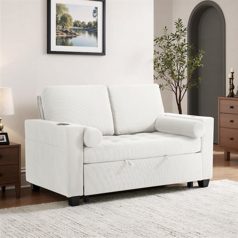 3-in-1 Corduroy Sleeper Sofa Pull-Out Bed Convertible Adjustable Loveseat with USB Port