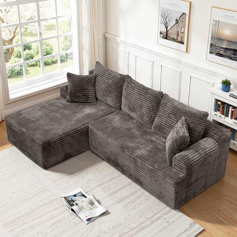 L-Shaped Corner Sectional Sofa Set with Side Chaise Lounge, Soft Foam Cushion Modular Sofa Corduroy Leisure Couch