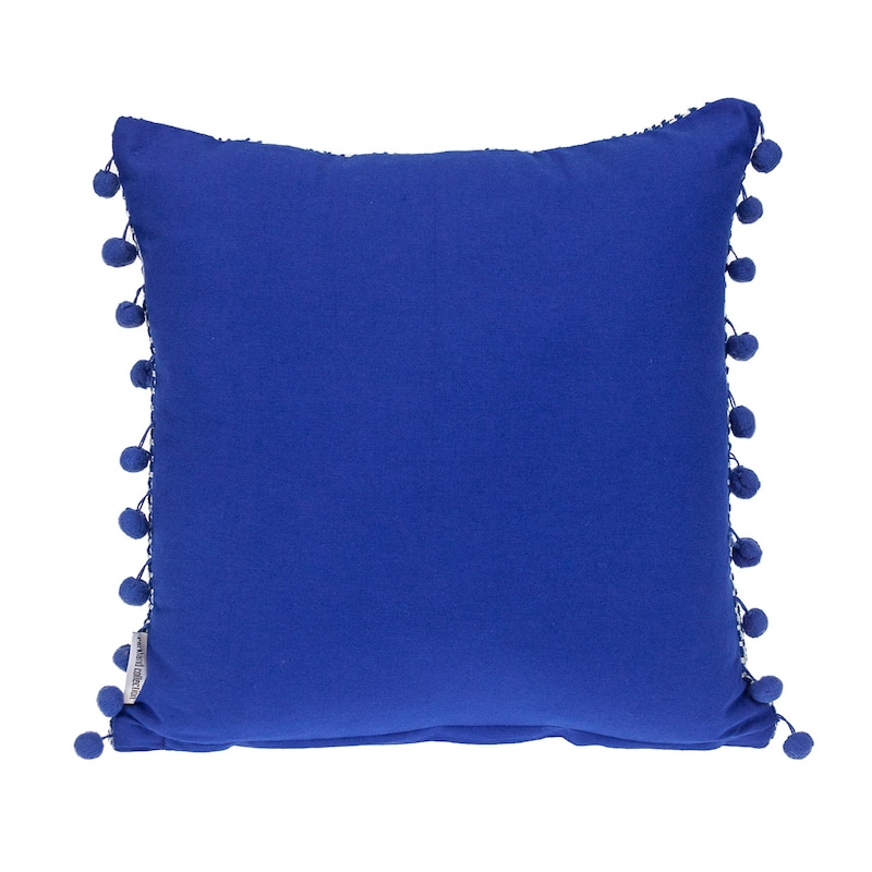 HomeRoots 18" Blue and White Weave Cotton Throw Pillow With Pom Poms