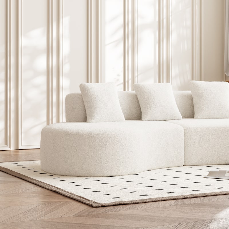 Curved Velvet Boneless Cloud Sofa with 3 Pillows, 5-Seater Modular Sectional Sofa, High-Density Foam Upholstered Sofa - White