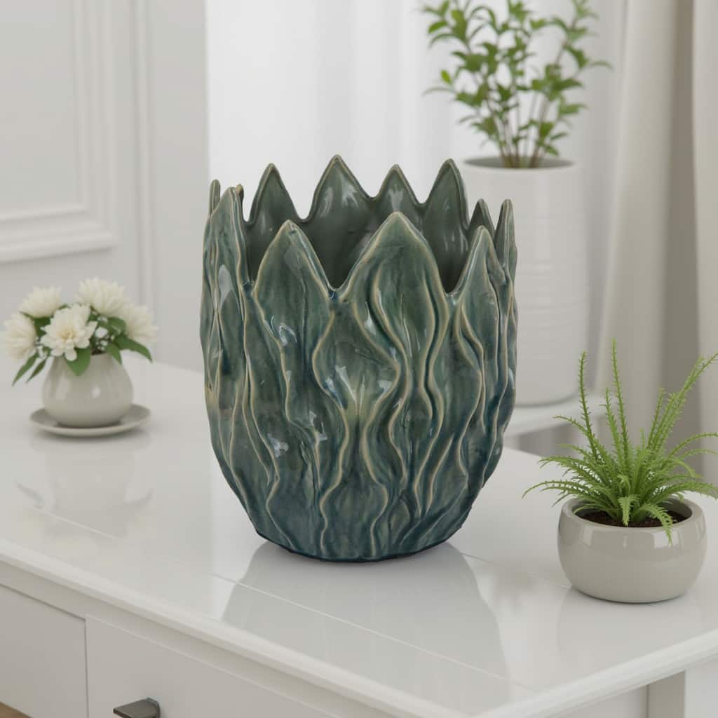 Esen Decorative Vase, Abstract Wave Design, 14 Inch Green Ceramic