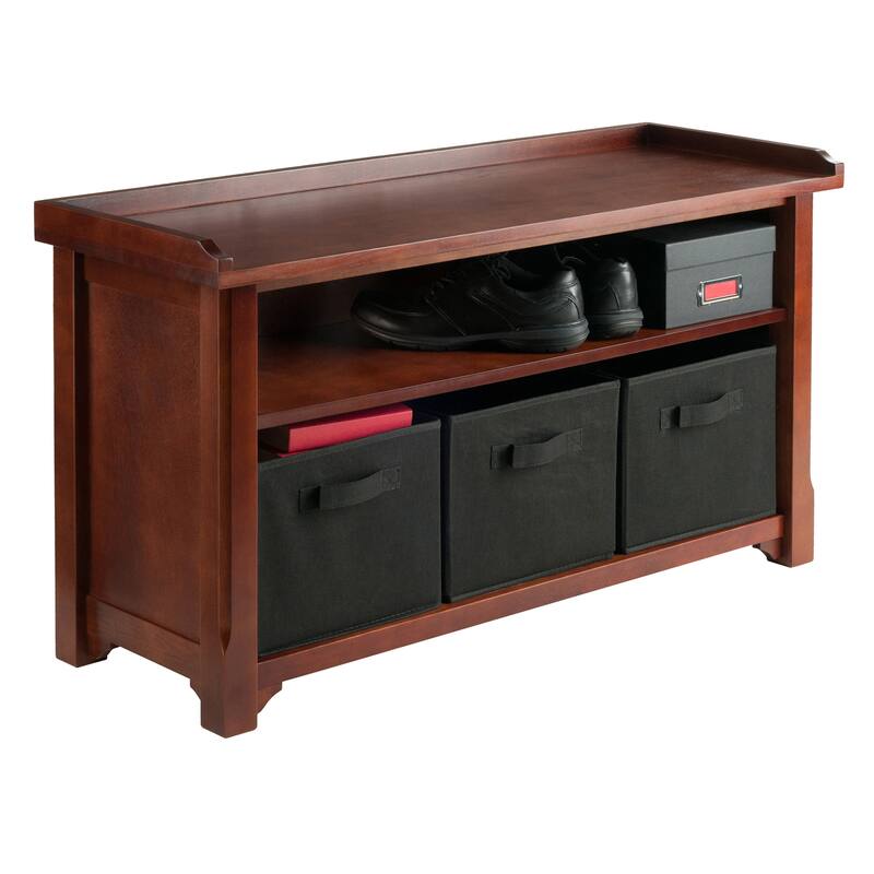 Verona 4-Pc Storage Bench with 3 Foldable Fabric Baskets, Walnut and Black - 40 x 14.2 x 22 inches