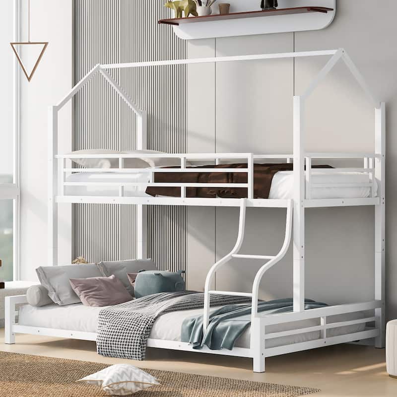 Metal House Bunk Bed with Roof, Ladder, and Fence for Kids - White