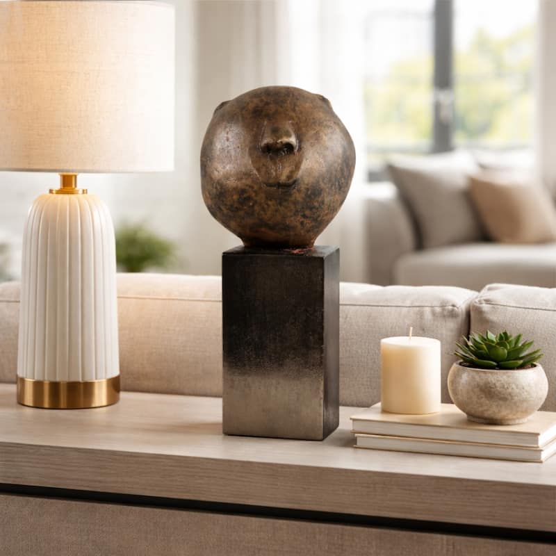 Decorative Smiley Head on Pedestal Sculpture - 17.5"