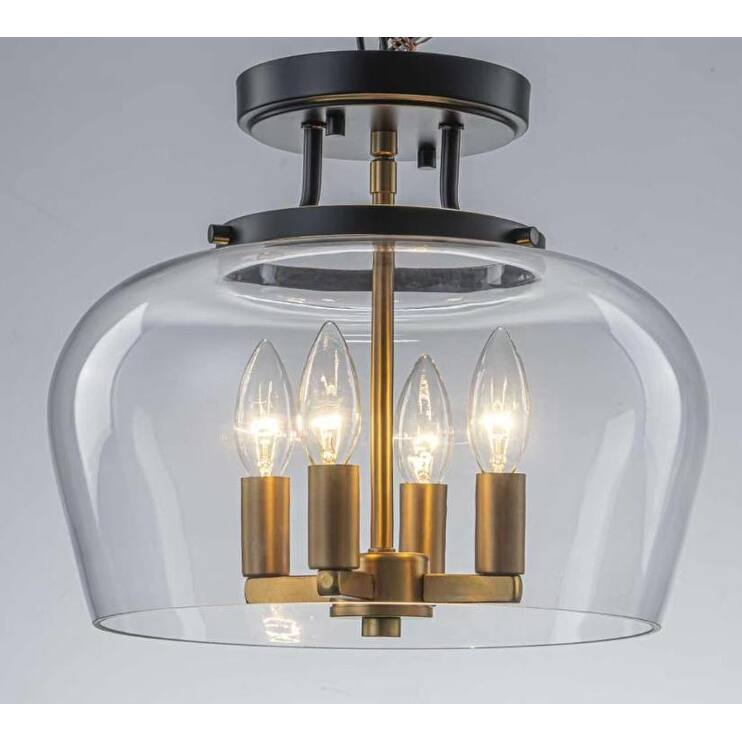 4-Light Farmhouse Black Lantern Glass Semi Flush Mount - Black Gold