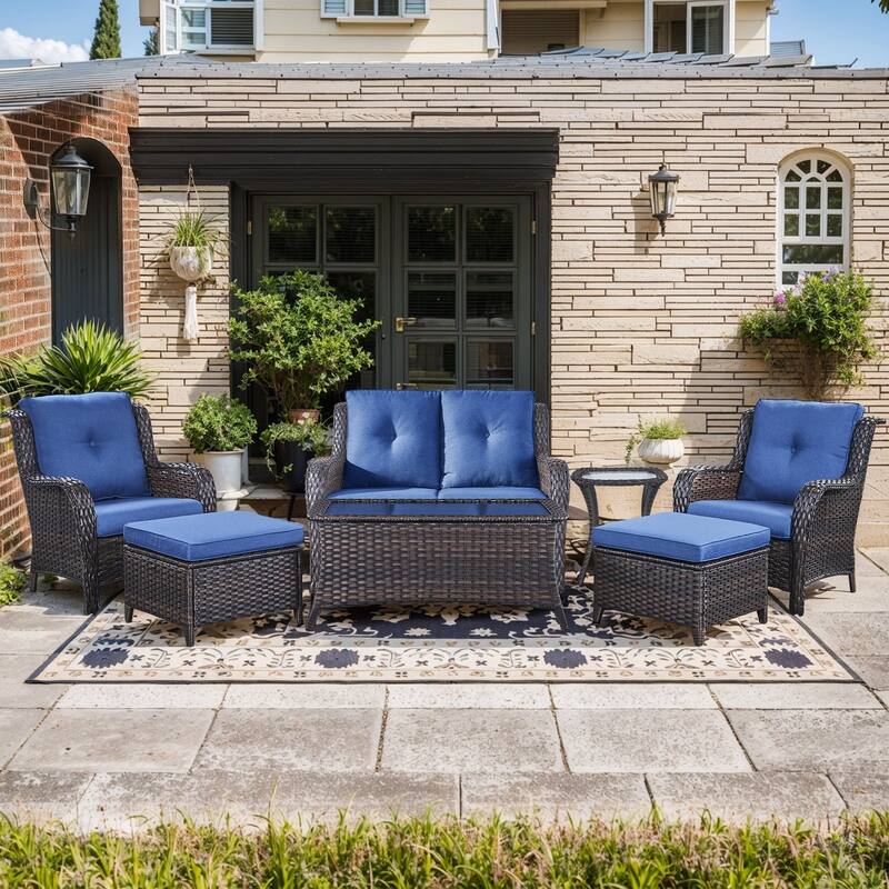 Outdoor Loveseat Sofa with Chair Ottoman Table - 7PCS - Sofa with Chair Table and Ottoman - Brown Rattan - Blue Cushion