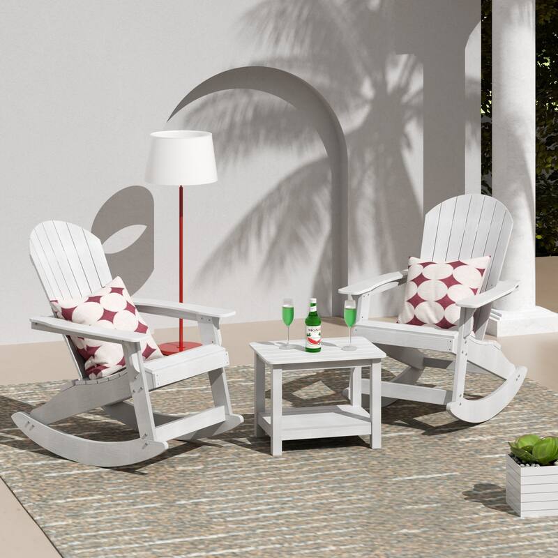 Vineyard HIPS Outdoor Eco-Friendly All Weather Seashell Rocking Adirondack Chairs with Side Table (3-Piece Set) - White