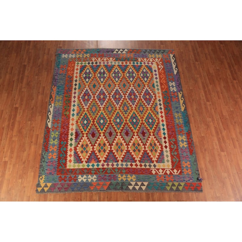 Reversible Kilim Oriental Area Rug Hand-Woven Multi-Color Wool Carpet - 8'5"x 9'8"
