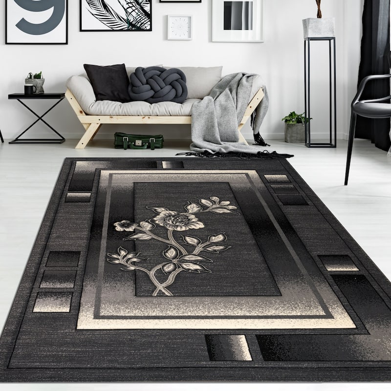 Rhodes Collection Anthracite/Light Grey Floral Area Rug