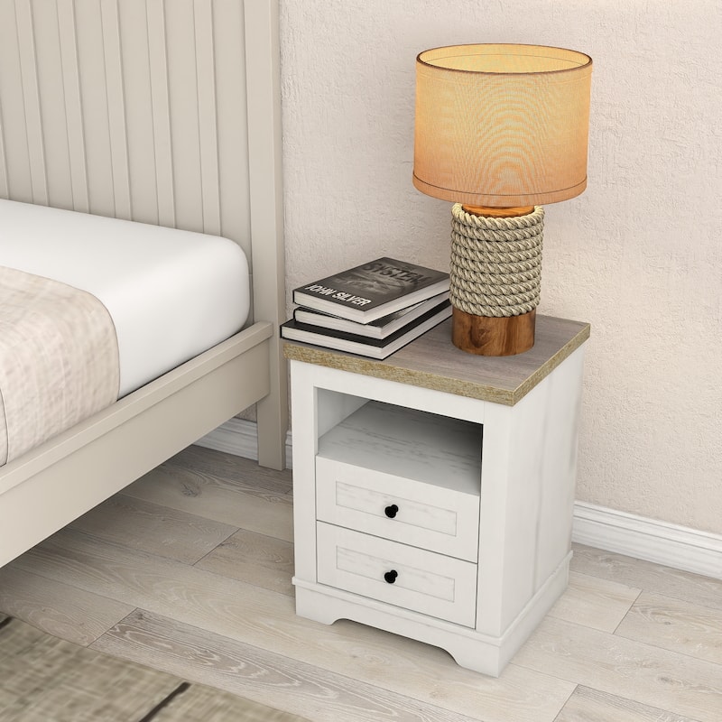 Farmhouse Nightstand With 2 Drawers - White+Oak