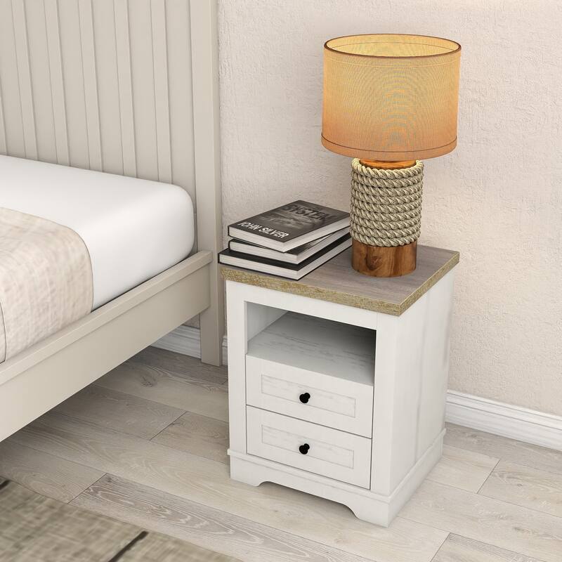 Farmhouse Nightstand with 2 Drawers, Rustic Wood End Table for Bedroom & Living Room, Antique White