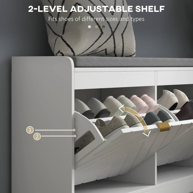 White Shoe Bench with Cushioned Seat and Tilt-Out Storage Drawers for Entryway or Hallway - 41.75" W x 9.5" D x 20.75" H