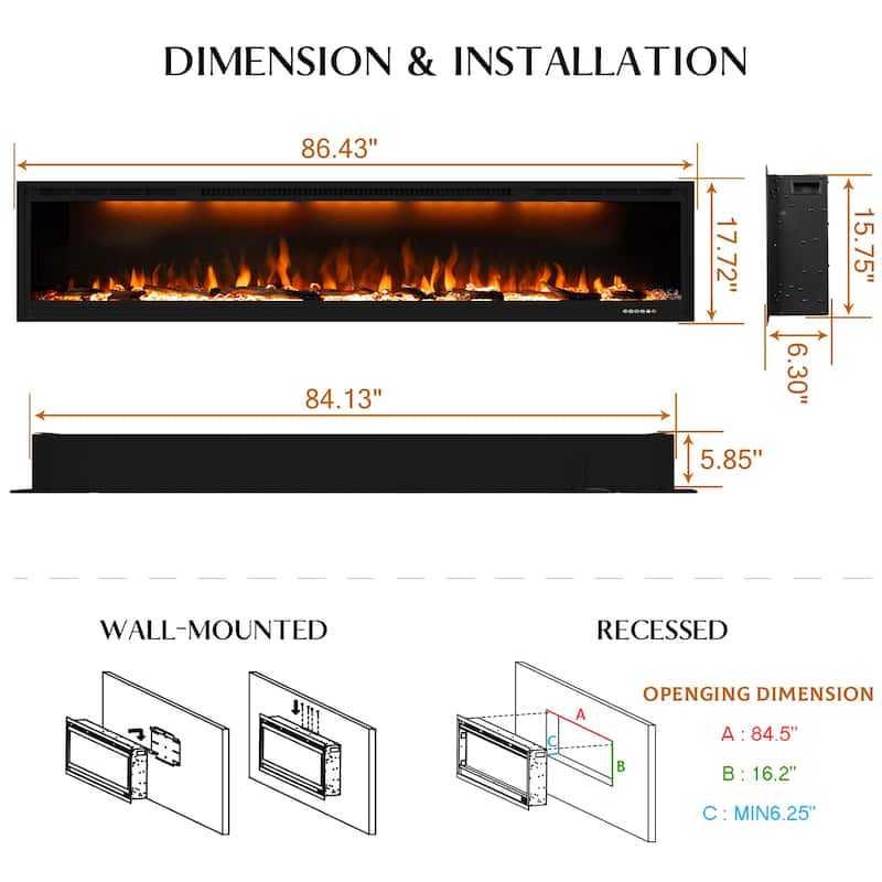 74inches Wall Mounted and Recessed Electric Fireplace,1500W/750W - 84in
