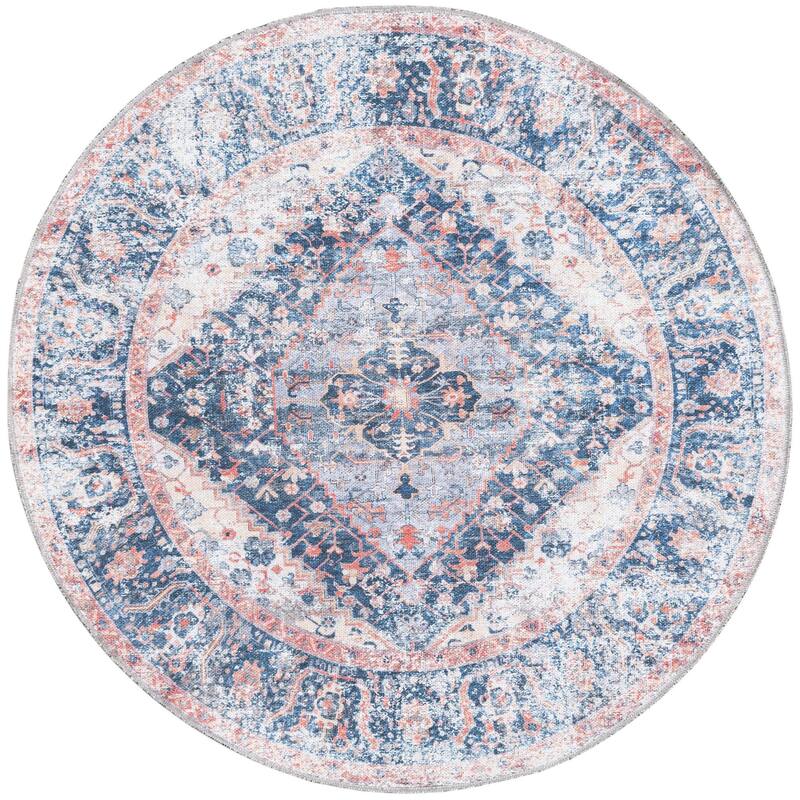 Traditional Tira Collection Area Rug - 4' Round - Navy Blue