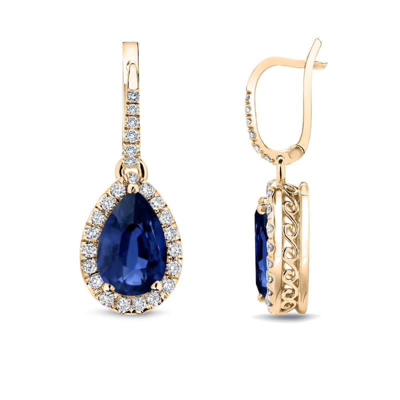 Auriya 14k Gold 2ct Pear-cut Blue Sapphire Halo Diamond Dangle Earrings 2/5ct TDW - Yellow