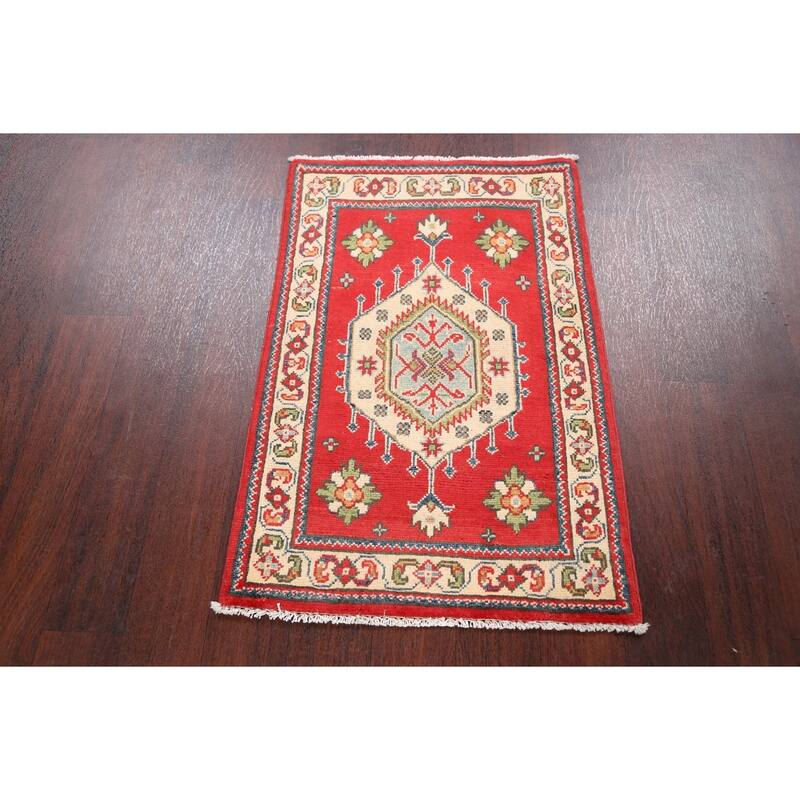 Geometric Super Kazak Oriental Area Rug Hand-Knotted Red Wool Carpet - 2'1" x 3'2"