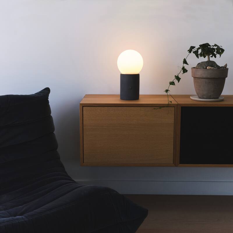 Brightech Kai 11 in. Cement Gray Mid-Century Modern Integrated LED Bedside Table Lamp with Built-In 3-Way Dimmer
